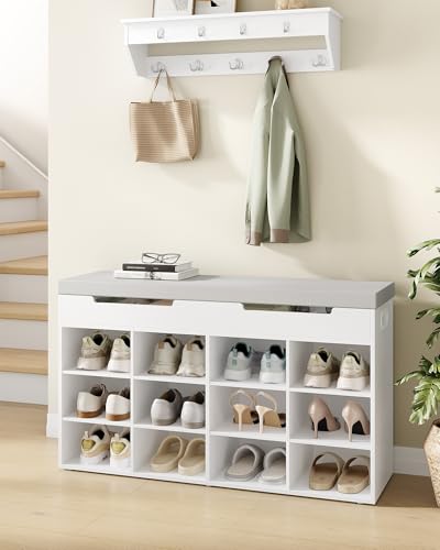 Miniatura 2 de Hzuaneri Banco Zapatero, Zapatero Con Asiento, Banco Con Espacio De Almacenamiento, 12 Compartimentos, Estantes Extraíbles, Edecuado Para Salón, Pasillo, Entrada, 30 X 100 X 55,4 Cm, Blanco Sb53503gy