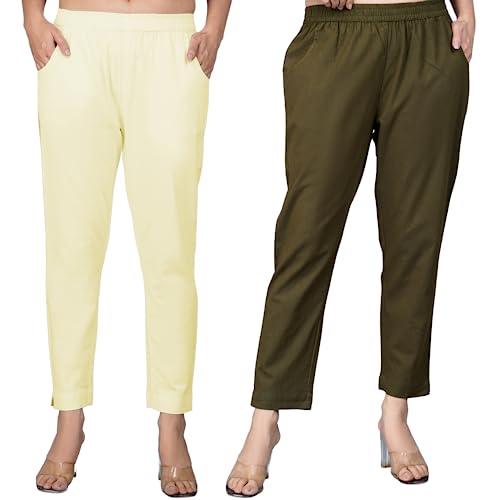 Image of Regular Fit Fully Elastic Waist Ankle Length Premium Cotton Casual Trouser Pant (Combo Pack of 2)