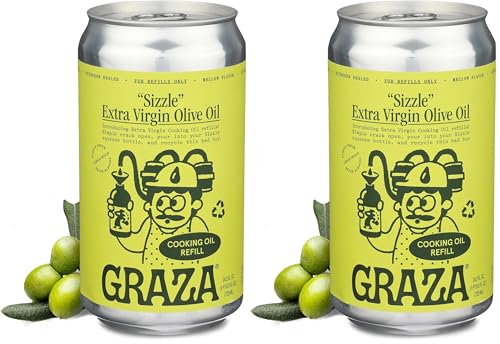 Image of Graza Sizzle Extra Virgin Olive Oil, Cooking Oil - High Polyphenol Peak Harvest EVOO Cooking Oil in a Squeeze Bottle - Single Farm Olives from Spain - 25.3 Fl Oz (750ml) Refill Can (Pack of 2)