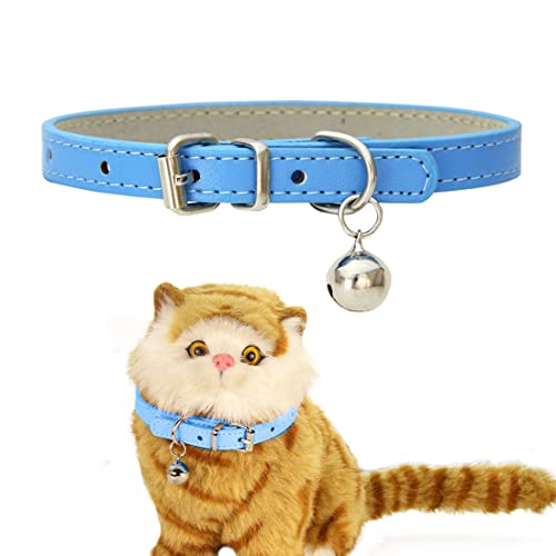 MenYiYDS Colliers en cuir pour chats, chiots, chiens Colliers de chat en cuir avec clochettes et boucles réglables en métal poli durable et fait à la main (bleu) Cover