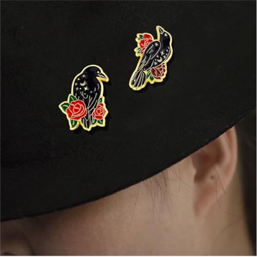 Image of Black Crow Pins Set Cute Christmas Kawaii Bird Backpack Brooch Pins Rose Flower Lapel Pin Aesthetic Badges for Women Men Clothing Bags Art Lapel Jackets Hats DIY Accessories Gift