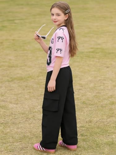 Image of Tween Girls Clothes Short Sleeve Graphic T-Shirt Top + Cargo Pants 2pcs Outfit Set, Size 7-15Years