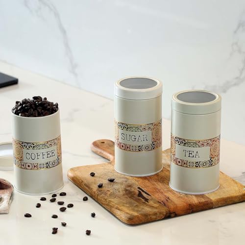 Image of Mandala Collection Airtight Kitchen Container| Set of 3-850ML| Beige Rangoli| Food Grade Metal Storage Jars for Tea, Coffee & Sugar| Vacuum Sealed, Moist Proof Canisters for Freshness