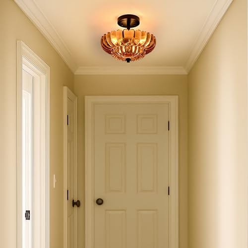 Image of Modern Amber Glass Scalloped 3-Light Flush Mount Ceiling Light Black Base | Vintage Semi Flush Mount Ceiling Light Fixture, Close to Ceiling Light Dimmable for Hallway Bedroom Entryway Kitchen