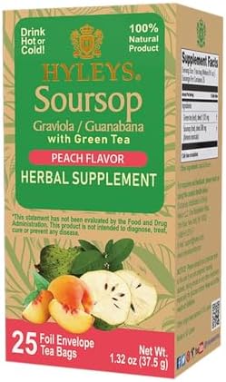 Hyleys Wellness Soursop Graviola Green Tea, Peach, 300 Tea Bags (12 Pack)