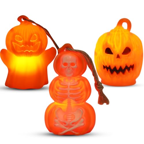 Zucca Halloween Luminosa, 3 Pezzi Lampada Scheletro Fantasma di Zucca di Halloween, Alimentata a Batteria, Appendibile, Utilizzabile per Tavoli, Feste, Giardini e per Uso Interno Ed Esterno