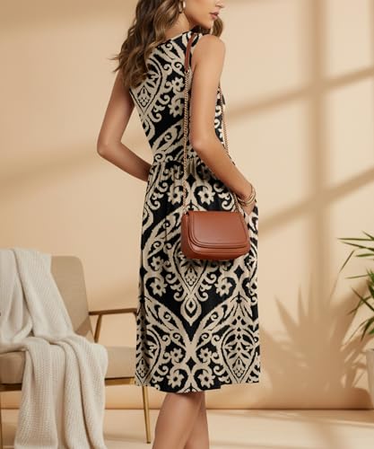 Image of NILOUFO Sleeveless Dress for Women Summer Knee Length Sundress with Pockets | Sundresses for Women Tank Empire Waist Sun Dress Cold Shoulder Casual V Neck Midi Dress Flowy Summer Dresses for Women