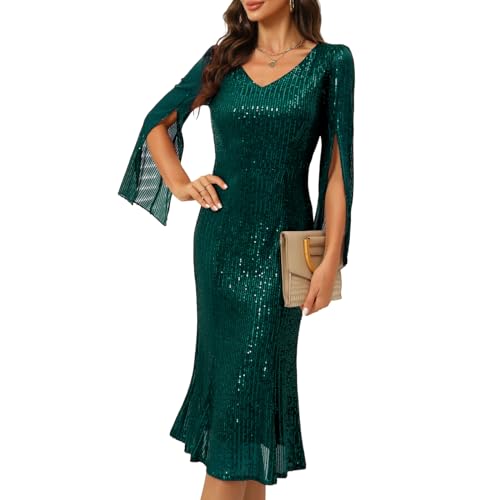 Image of COOAN Sequin Cocktail Formal Dresses for Women,Weddings Guest Evening Party Gowns Slim Midi Fishtail Dress