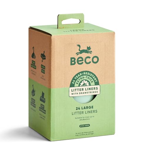Beco Cat Litter Tray Liners - Extra Thick Heavy Duty Drawstring Bags Tear Resistant for Your Kitty Litter Box - Easy Clean Up - Large 24 Pack