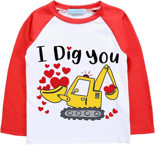 Boys Valentine's T-Shirt Kids Valentines Tee Monster Truck Dinosaur Digger Love Heart Clothes Toddler 2-7T