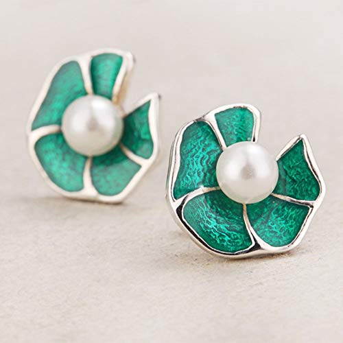 Pendientes de plata antialérgicos hechos a mano con perlas y esmalte verde retro cómodos 3