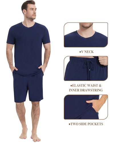 Image of NACHILA Pajamas for Men Pj Short Sleeve Sleepwear with Shorts V Neck Loungewear Cool Pajama,Viscose Made from Bamboo