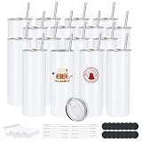 16 Pack Sublimation Tumblers Edge Blanks Skinny Straight Bulk 20 oz, Stainless Steel Double Wall Insulated Tumbler with Straw & Lids for Heat Transfer, White