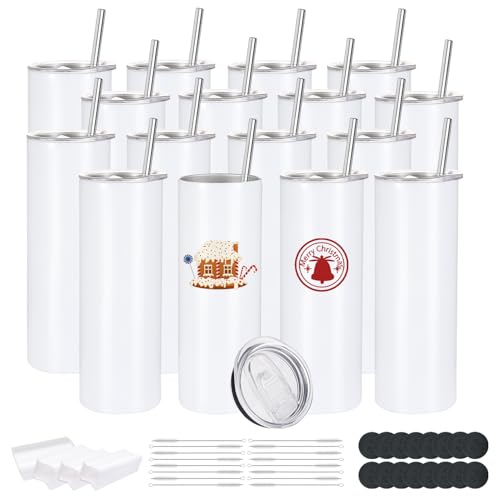16 Pack Sublimation Tumblers Edge Blanks Skinny Straight Bulk 20 oz Stainless Steel Double Wall Insulated Tumbler with Straw & Lids for Heat Transfer White