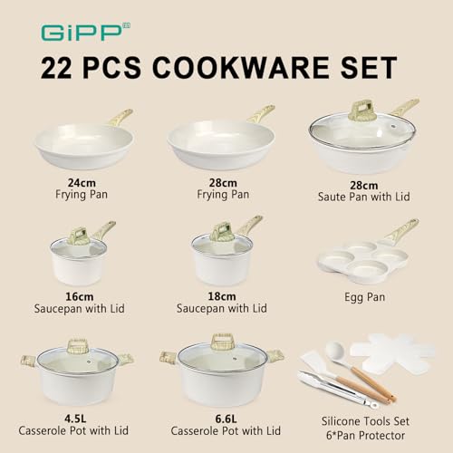 Image of GiPP Ceramic Nonstick Pots and Pans Set - 22 Pcs Non Stick Cookware Set, Non-toxic Healthy Kitchen Cooking Set w /Frying Pans Set, Dishwasher Safe, PFAS PTFE PFOA PFOS Free