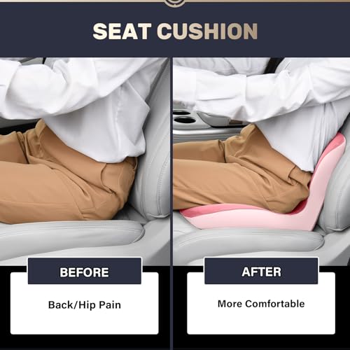 Image of Coverado Car Seat Cushion and Lumbar Support Pillow One Piece, Memory Foam Ergonomic Back Support Driving Seat Cushion for Back Pain, Non-Slip Washable Cushion for Car, Driver, Office