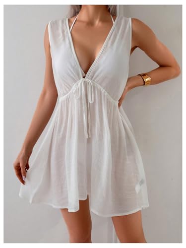 SweatyRocks Women's Sheer Swimsuit Cover Up Deep V Neck Tie Backless Bikini Beach Dress3