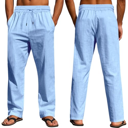 Pants for Men Spring Summer Elastic Drawstring Waist Straight Leg Pant Loose Fit Lightweight Casual Baech Pant Pocket4