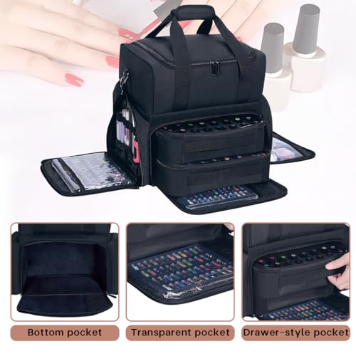Nail Polish Organizer Case Holds 80 Bottles (15ml - 0.5 fl.oz) and a Nail Lamp,Nail Polish Case with 2 Removable Bags and Tools Storage Sections Black4
