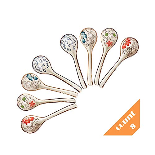 Famhome - Cucharas de cerámica hechas a mano con mango largo, perfectas para uso familiar, juego de 8 (color al azar)