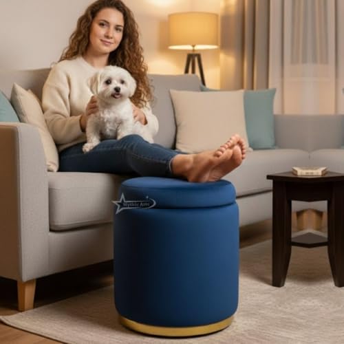 Image of Velvet Round Single Strip Ottoman Office Stool Foot Rest Stool Velvet Fabric Padded Seat Pouf Ottoman 16 X 16X 19 inch, in Round Shape for Living Room Blue