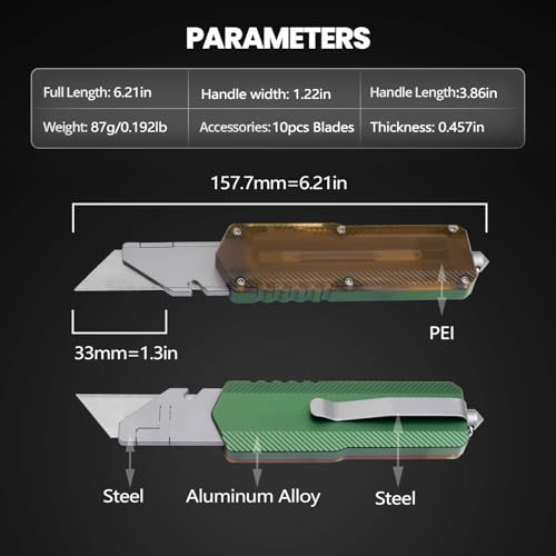 Image of Aluminum Alloy Utility Knife, Retractable Box Cutter,Pocket Knife Replaceable Blade EDC Razor Knife with 10pcs Blades(GREEN)