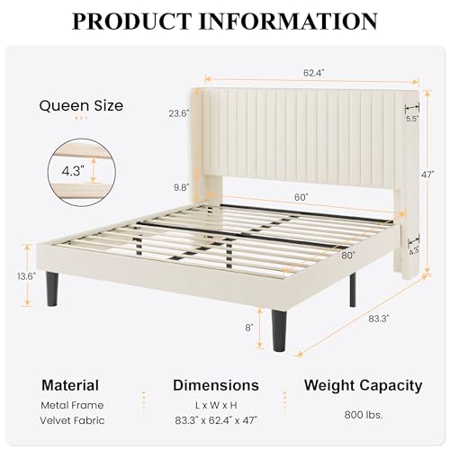 Image of SHA CERLIN Queen Size Velvet Bed Frame, Tufted Wingback Headboard, Cream | 47'' Modern Vertical Channel Headboard, Upholstered Platform Bed, Wood Slats, No Box Spring Needed, Easy Assembly, Noise Free