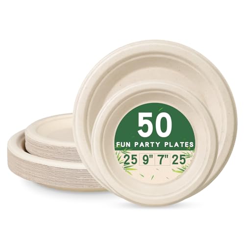 LANLISA 50 Pcs Disposable Paper Plates Heavy Duty, 7 inch & 9 Inch Compostable Plates [Each 25 Count] - Eco Friendly Biodegradable Plate for Brithday Party Camping