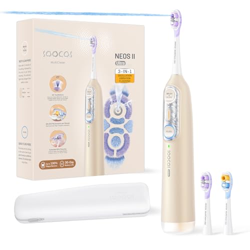 Soocas NEOS II Ultra Electric Toothbrush with Water Flosser Combo 3-in-1: Flosses Vibrates and Oscillates Flossing Toothbrush for Adults Cordless Water Flosser for Travel Champagne Gold