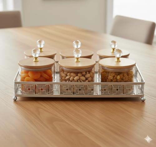 Image of Diwali Serving Dry Fruit, 6 pcs Glass Container Serving Tray Set | 600 ML Each Premium Design Air-Tight Lid Snack Organizer Tray Copper Stand Wooden Lid jar Silver