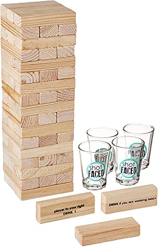 Game Night Tipsy Tower Glass Drinking Game Set w/Wooden Blocks & 4 Lead-Free Shots-Ideal Gift for Birthdays, Father's Day & More, 1 Count (Pack of 1), Brown