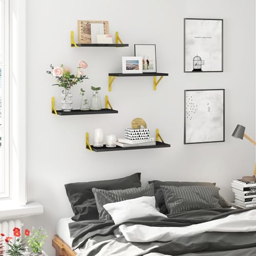 Image of YGEOMER Floating Shelves for Wall, Different Sizes Black Wall Shelves for Living Room, Bathroom, Bedroom, Kitchen, Home Decor (Set of 4)