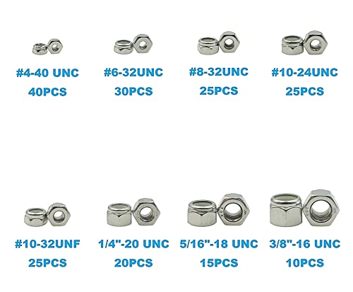 Hvazi #4-40#6-32#8-32#10-24#10-32 1/4"-20 5/16"-18 3/8"-16 Stainless Steel Nylon-Insert Locknuts Assortment Kit;Sae Elastic Stop Nuts;Self-Locking Nut #TOP1
