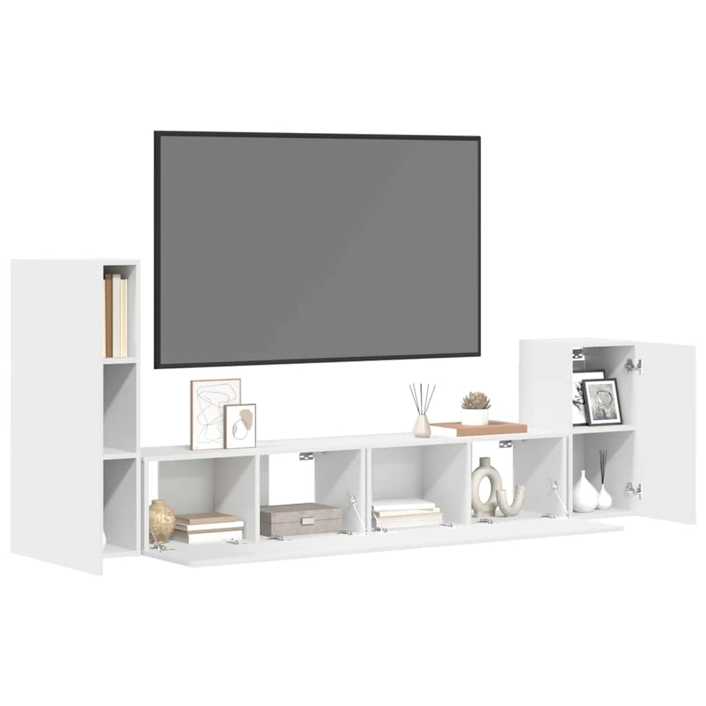 4-TLG. TV-Schrank-Set Weiß Holzwerkstoff, Wandmontage, Modernes Media-Center für Wohnzimmer, Schlafzimmer, 30.5x30x90 cm