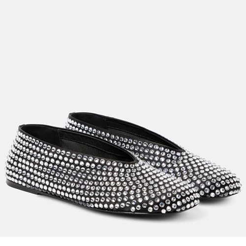 Image of Arqa Crystal-Embellished Mesh Flats Rhinestone Ballet Flat Slip On Ballerina Shoes Comfortable Casual Gauze Shoe