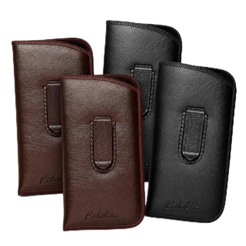 Image of Calabria Slim Eyeglass Case with Felt Lining -Black /Brown (4 Pack) PU Leather | Soft Slip-In Glasses Sleeve | Pocket Clip Option | Protective Slim Eye Glasses Case Soft Pouch
