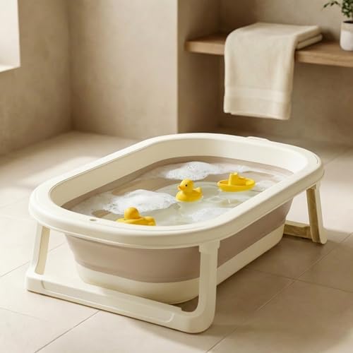 Image of Baybee Baby Bath Tub for 0 to 5 Years | Bath Tub for Kids with Anti-Slip Base & Quick Drain | Baby Bathtub for Kids with Heat Retention Design & Effortless | Foldable Bather for NewBorn Babies (Beige)