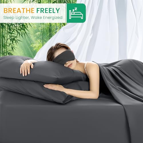 SONORO KATE 100% Viscose Derived from Bamboo_Sheets Full Size, Ultra Breathable & Cooling Bed Sheets for Hot Sleepers, Hotel Luxury Silky Bedding Sheets, 16" Deep Pocket - 4PC (Dark Grey,Full)