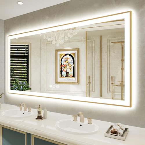 Image of 72x36 LED Bathroom Mirror with Lights, Gold Framed Lighted Mirror | Backlit and Front light, Anti-Fog, 3 Color Dimmable, Memory, Tempered Glass, IP54 Waterproof, UL Listed