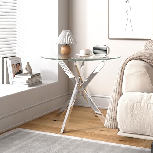 GOLDFAN Table d'appoint en verre avec pieds chromés pour salon, table d'appoint ronde de 50 cm, pour canapé, table de chevet moderne et contemporaine pour chambre à...