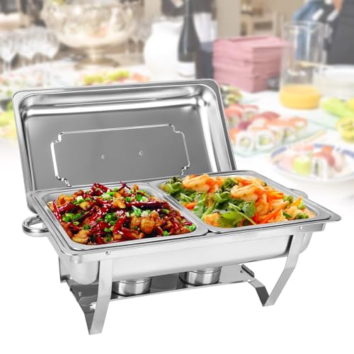 AllRight 9L Edelstahl Warmhaltebehälter Buffetwärmer Mahlzeit Chafing Dish Speisenwärmer Wärmebehälter Rechaud für Catering Buffet und Party (2X 1/2 GN-Behälter) – Bild 6