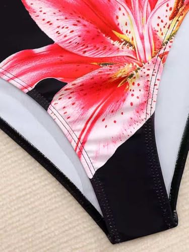 Image of Girl's 3 Piece Sets Floral Print Bikini Swimsuit High Waisted Bathing Suits with Beach Skirt Coverups Black Red Floral 14Y
