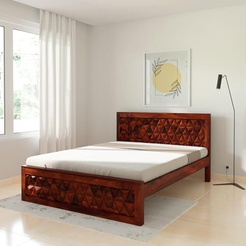 Image of SANKAT MOCHAN Industries Solid Sheesham Wood Honey Brown Tringal Desine Wooden Queen Size Bed Without Storage Double Bed Furniture for Bedroom Living Room (Honey Brown Finish) (DESINE 18)