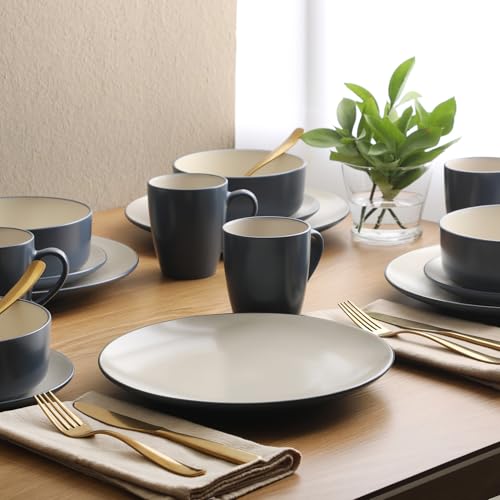 Image of Gibson Elite Oxford Blue Plates and Bowls Sets, 16 Piece Stoneware Dinnerware Sets for 4, Two Tone Dishware Sets, Dinner Plates Dessert Plates Bowls Mugs