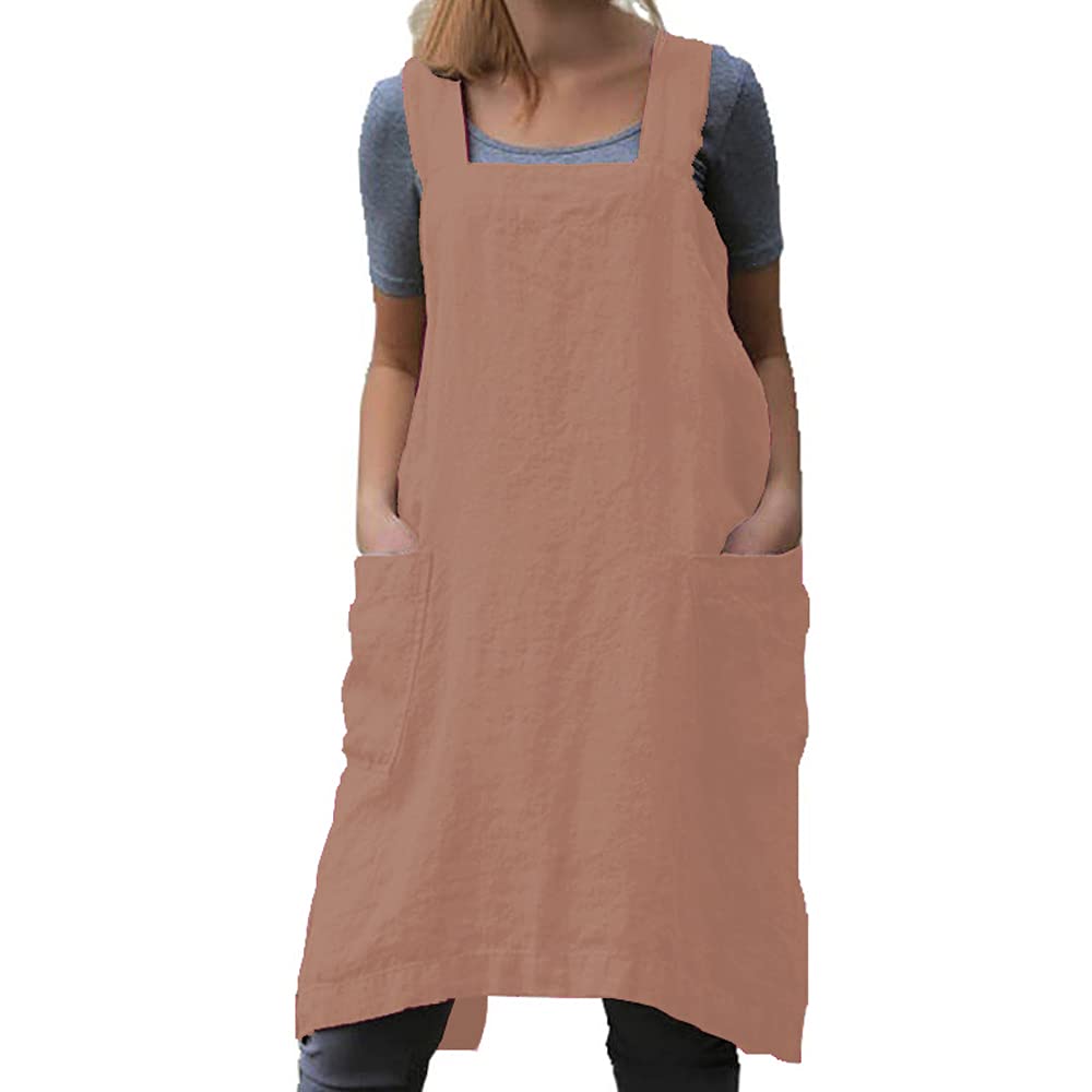 TBA Cotton Linen Apron Cross Back Apron for Women with Big Pockets Square Pinafore Dress for Baking Cooking BBQ & Grill, Rouge Pink, XXL