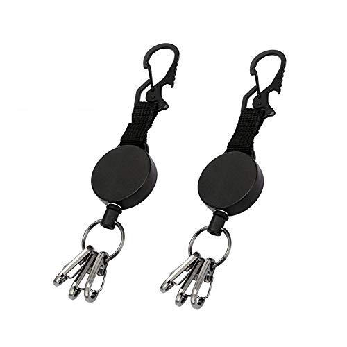 Retractable Key Chain - Heavy Duty Multitool Carabiner Badge Key Holder Reel,3 Quick Release Clips,Retractable Key Ring with Steel Wire Cord,Anti-Lose,for Men and Janitor Work,Black (2 Pack)