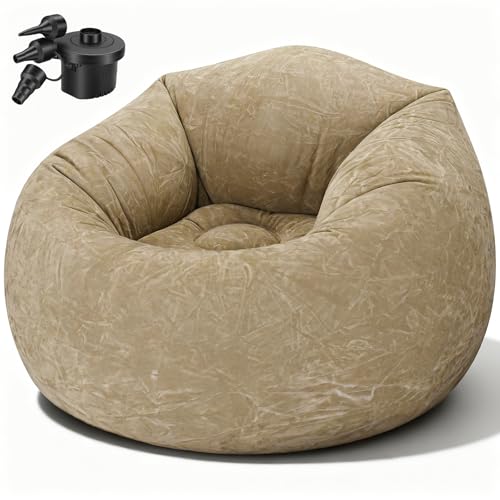 Inflatable Bean Bag Chair for Adults with Electric Pump, Blow Up Chair for Indoor & Outdoor, Portable Lounger Sofa for Movie Night, Camping, Living Room (Brown)