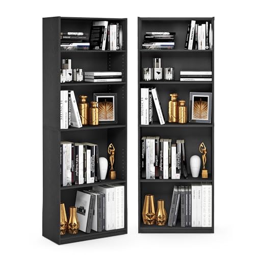 Furinno Jaya Book Shelf Set of 2, 5-Tier Bookshelf, Bookcase, with Adjustable Shelf, 9.5 x 24.5 x...