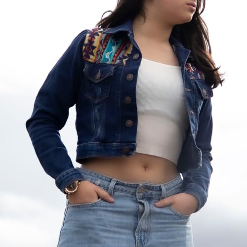 Tommy Lion Cropped Denim Jacket one size S/M, Aztec Merino Wool Fabric Yoke, Dark Blue4