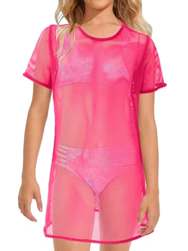 Image of Girls Swim Cover Up Kids Short Sleeve Beach Bathing Suit Bikini Cover Wraps With Pom Pom Trim 4-13 Years